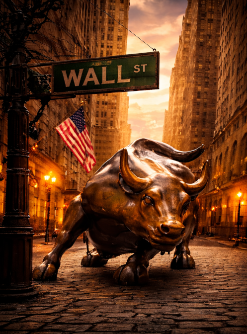 Wall Street bull at sunset